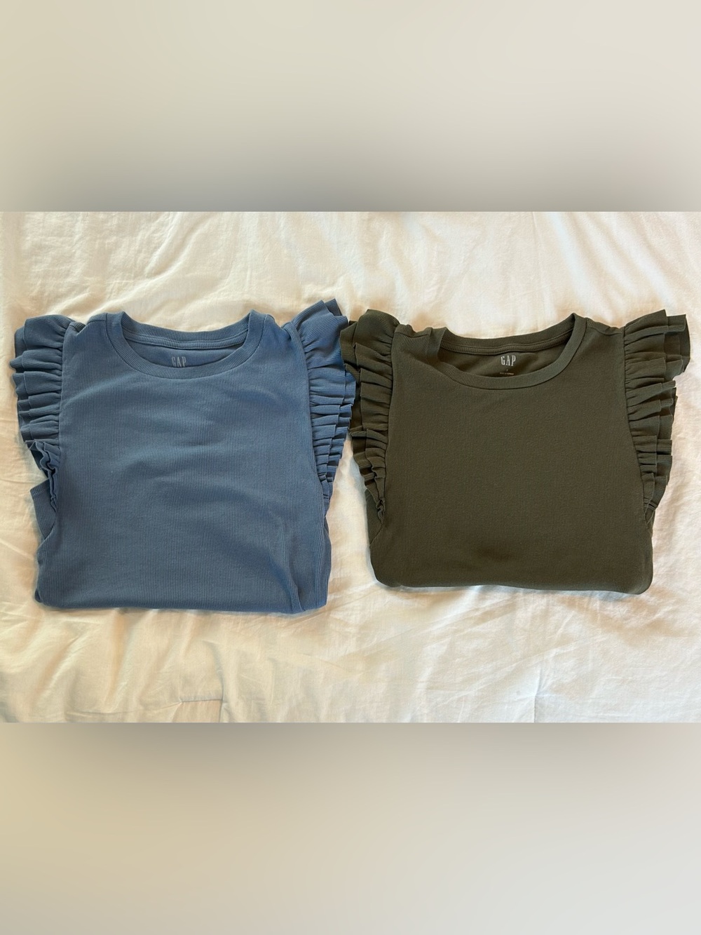 GAP Ruffle Sleeve Short Sleeve Tees in Blue and Olive - Perfect for Summer